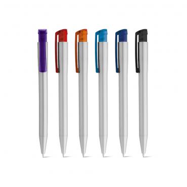 Esferográfica. ABS. Acabamento metalizado. Clipe translúcido.