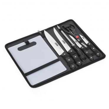 Kit Churrasco 7 peças em estojo de couro sintético 