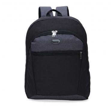 Mochila nylon poliester para notebook preta com detalhes em cinza.