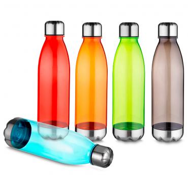 Squeeze plástico 700ml formato garrafa. Corpo transparente colorido- possui tampa e base em alumínio.